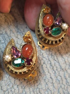 Vintage-Style Gold Plated w/ Multicolor Crystals & Gemstones Clip On Earrings